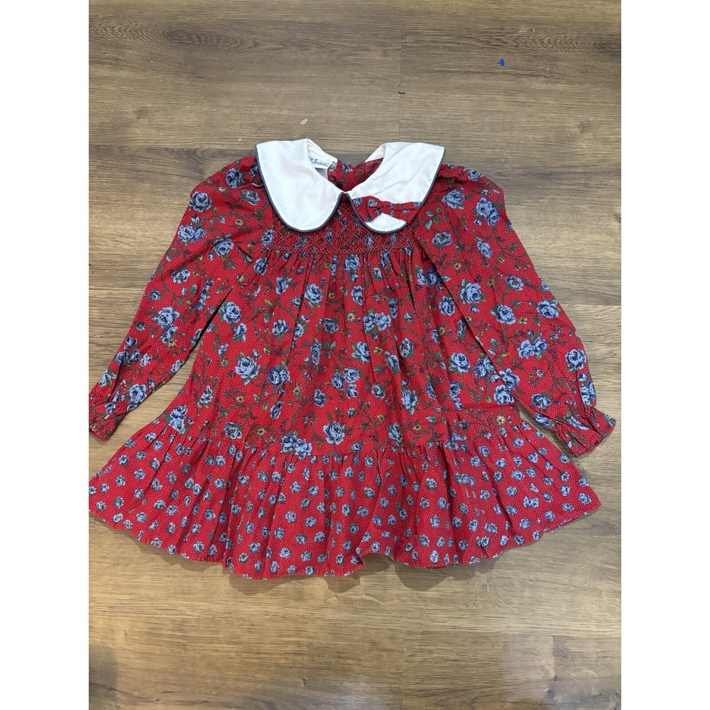 VTG‎ POLLY FLINDERS Red Floral Smocked Dress 4T Cotton